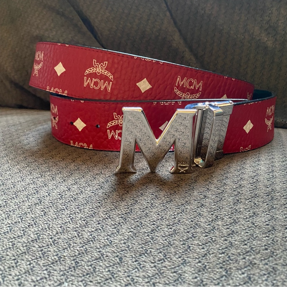 Claus MCM Reversible Belt 1.75” Red & White & Black Silver Buckle